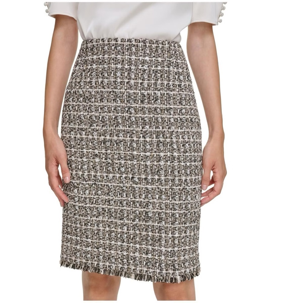 Calvin Klein NWT Tweed Boucle Pencil Skirt 14P Black Cream Fringe